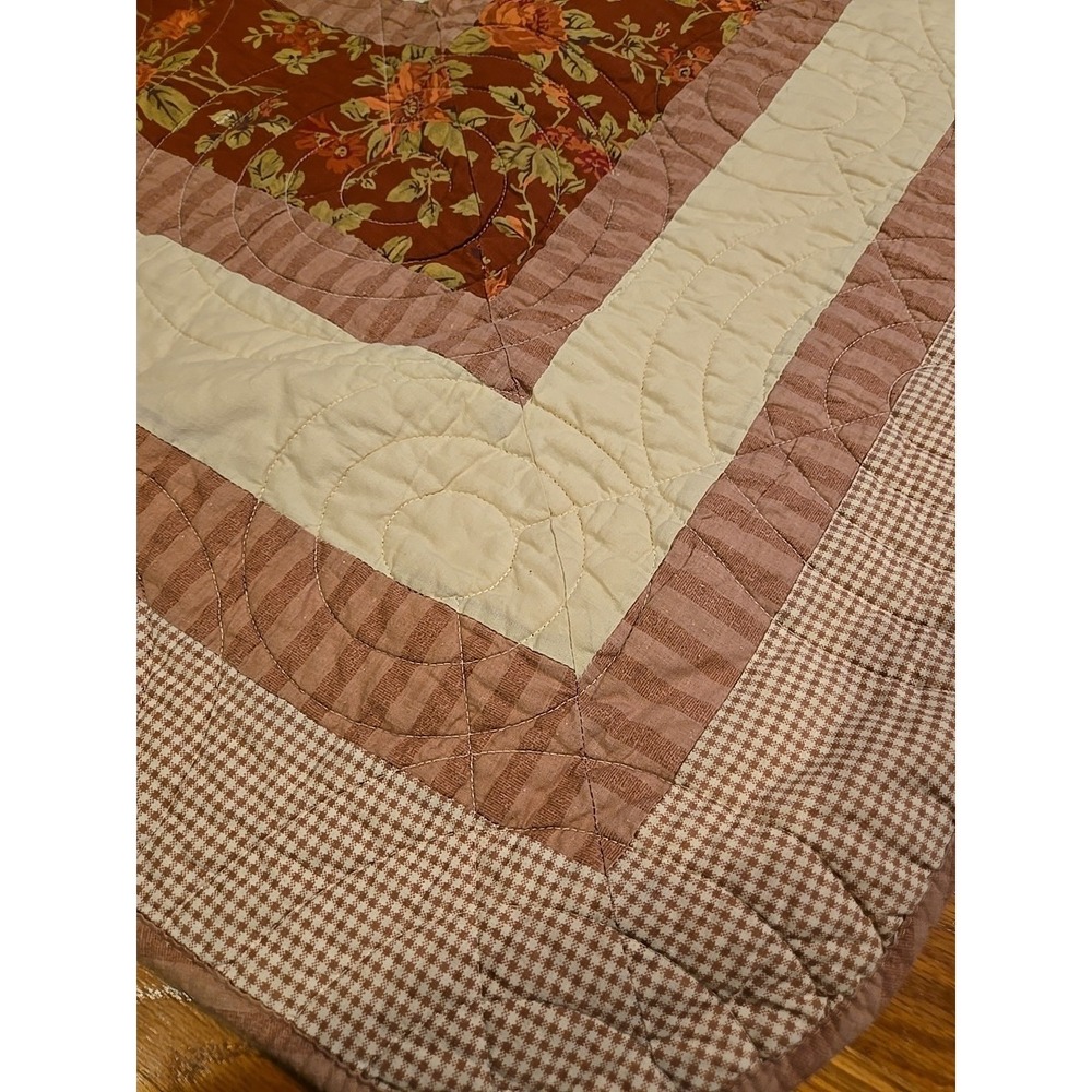 Vintage Double Wedding Ring Quilt Burgundy Red Floral 83 X 68 Handmade Embroider - Picture 3 of 12